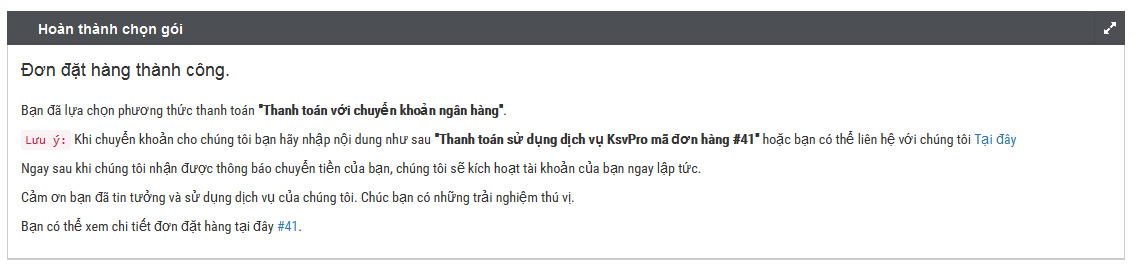 Đơn đặt hàng ksvpro thành công